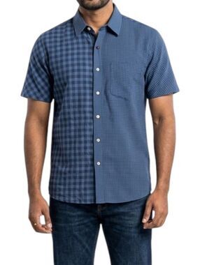 KARDO Blue Mixed Check Gingham Short Sleeve Button Up Shirt Cotton S Handcrafted